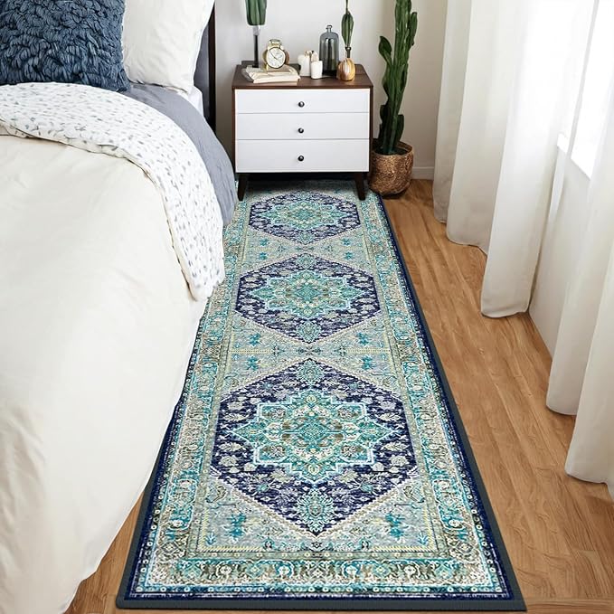 BESTSWEETIE 2x8 Area Rugs for Living Room Washable Non Slip Carpet Low Pile Soft Vintage Print Pattern Rug for Bedroom Dining Room Kitchen Entryway Indoor-Teal/Navy/Green/Yellow