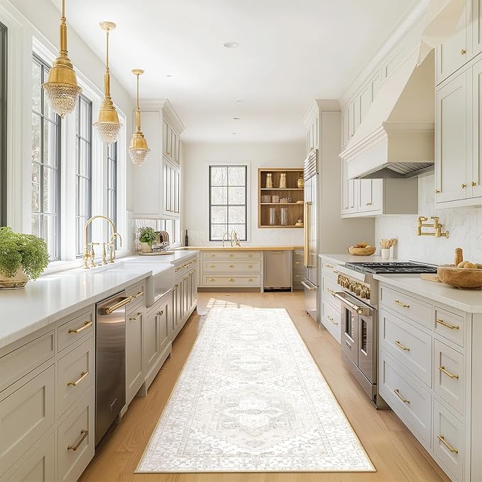 Washable 2x10 Area Rugs, Rugs for Living Room, Low-Pile Water&Stain Resistant Carpet Vintage Distressed Printed Non-Slip Carpet for Bedroom Bathroom Kitchen-Cream White