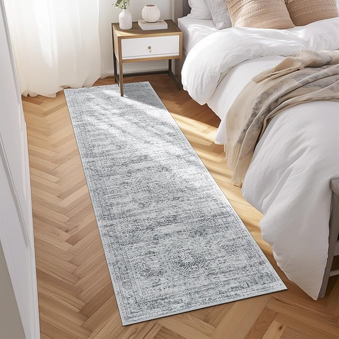 Washable Runner Rug, 2'6" x 8' Non-Slip Kitchen Vintage Foldable Hallway Runners for Entryway, Laundry, Bedroom, Grey