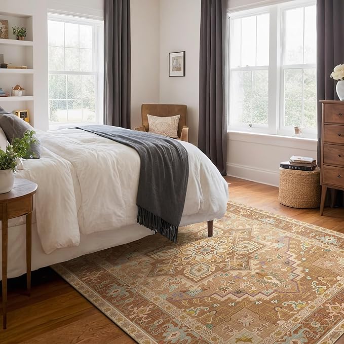 Washable Area Rugs 8x10 Living Room Boho Non Slip Thin Carpet Stain Resistant Vintage Brown Printed Oriental Distressed Rug for Bedroom Low Pile