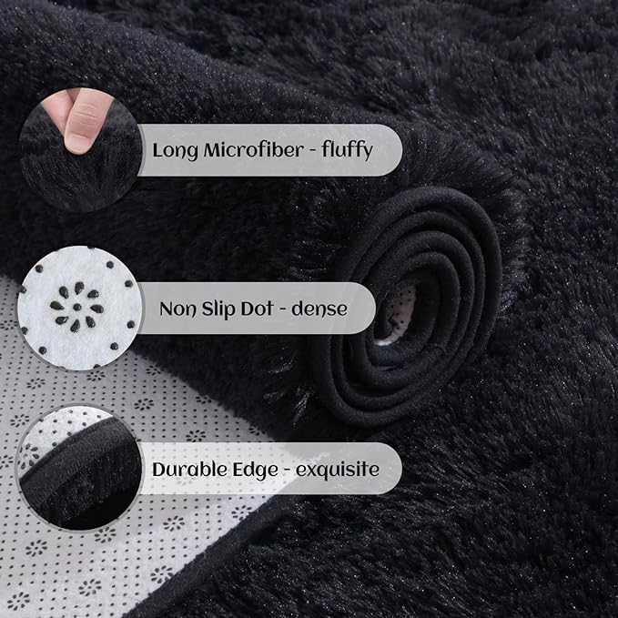 YJ.GWL Runner Rugs for Hallway, 2x4 Washable Small Black Bedside Rugs for Living Room Bedroom, Soft Fluffy Shaggy Indoor Floor Carpet for Kids Boy and Girls Room Nursery Home Decor Aesthetic