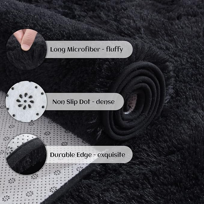 YJ.GWL Area Rugs for Bedroom, 2x3 Door Mat Washable Small Black Bedside Rug,Fluffy Shaggy Entryway Rugs for Living Room, Shag Indoor Floor Carpet for Kids Boy and Girls, Home Decor Aesthetic
