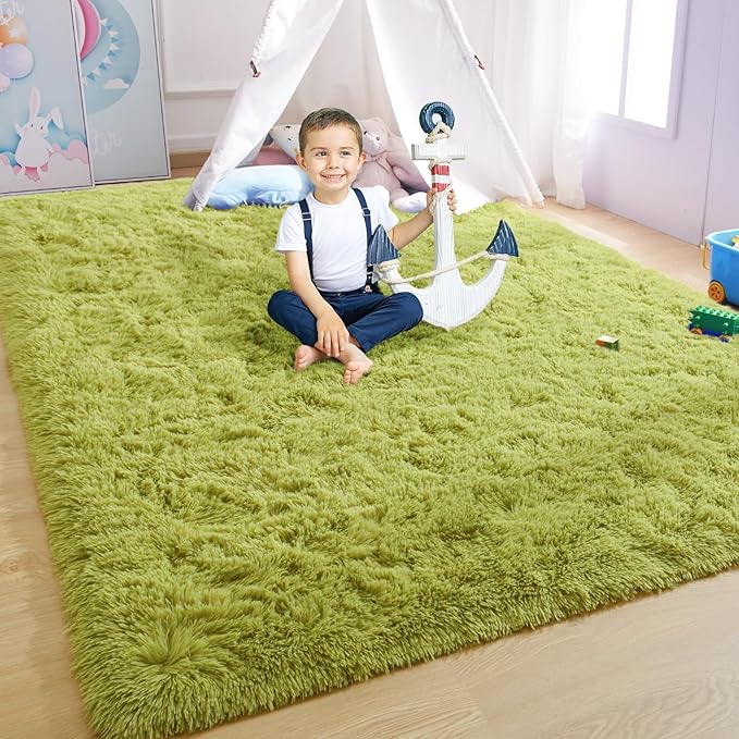YJ.GWL Area Rugs for Living Room Bedroom, 8x10 Machine Washable Large Green Carpet, Soft Fluffy Shaggy Thick Big Shag Indoor Floor Rug for Kids Boy and Girls Room Dorm Home Decor Aesthetic
