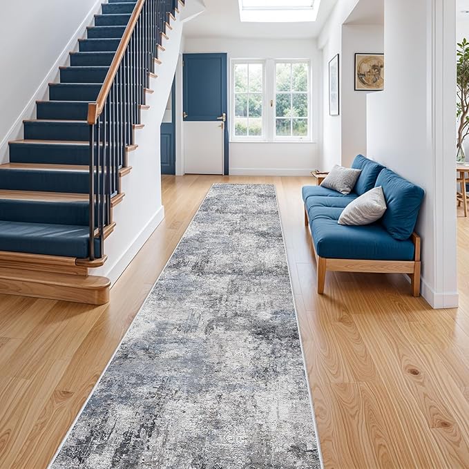 RUUGME Hallway Runner Rug 3x14 - Runner Rug Stain Resistant for Living Room Non Slip Indoor Entryway Rubber Backing Carpet Bedroom Kitchen Distressed Floor Decor Mat Machine Washable 3x14 Blue