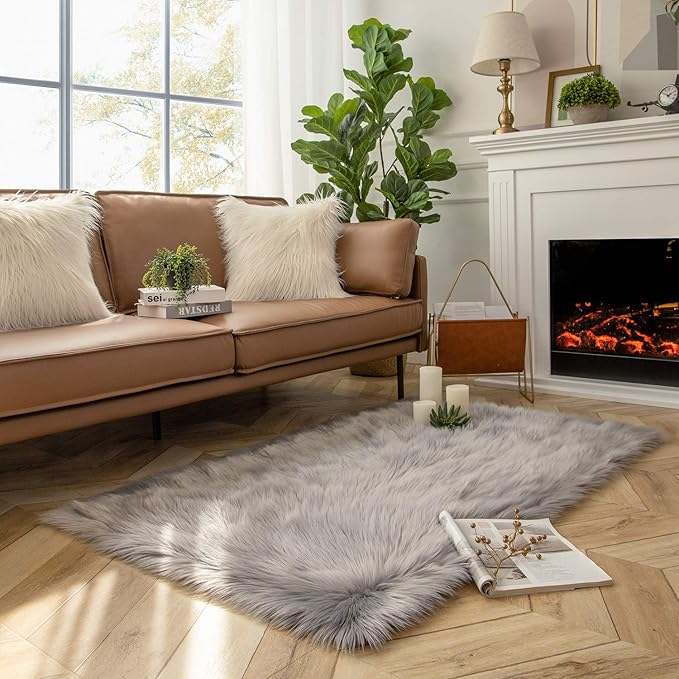 Ashler faux fur rug, Fluffy Shaggy Area Rug Ultra Soft 3 x 5 Feet Rectangle Fur Rug Grey Fuzzy Rug Machine Washable Shag Rug, Nursery Decor Throw Rugs for Bedroom, kids room, Living Room