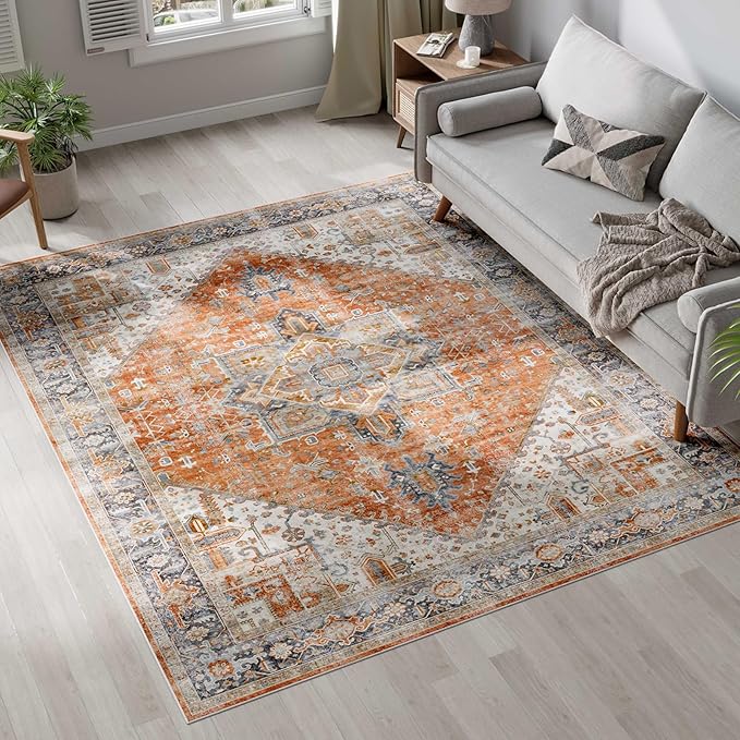 Dripex 6x9 Area Rugs, Machine Washable Non Slip Distressed Boho Rugs, Area Rug for Living Room, No Pile Lightweight Vintage Rug, Soft Accent Carpet for Dining Room,Bedroom,Orange