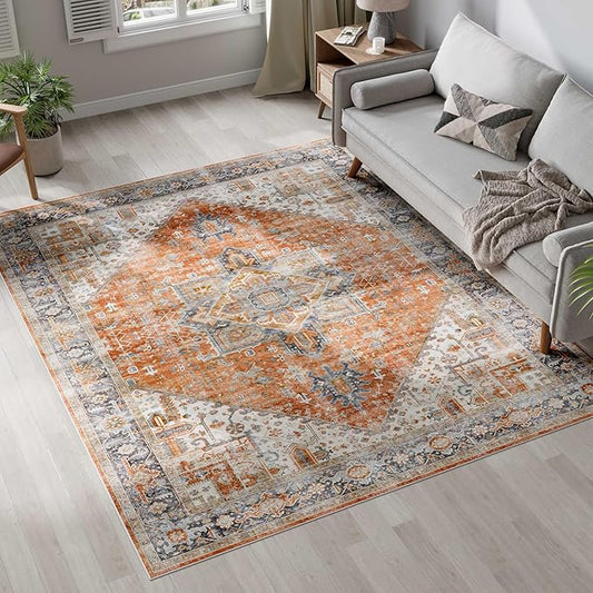 Dripex 6x9 Area Rugs, Machine Washable Non Slip Distressed Boho Rugs, Area Rug for Living Room, No Pile Lightweight Vintage Rug, Soft Accent Carpet for Dining Room,Bedroom,Orange