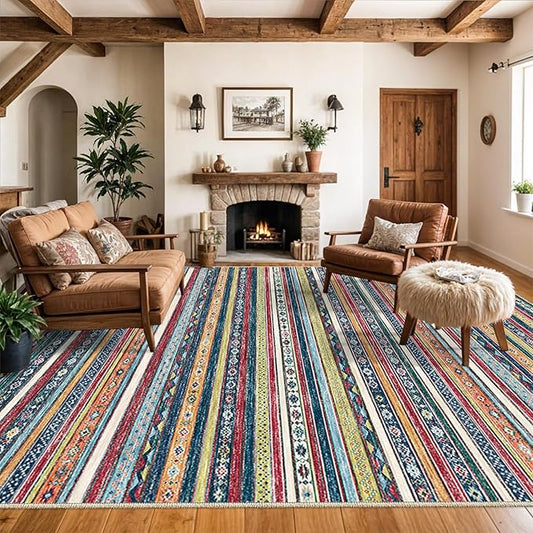 10x14 Washable Area Rug - Living Room Bedroom Non - Slip Rubber Backing Low Pile Ultra - Thin Stain Resistant Indoor Carpet with Soft Southwest Aztec Striped Design (10x14 Multi)