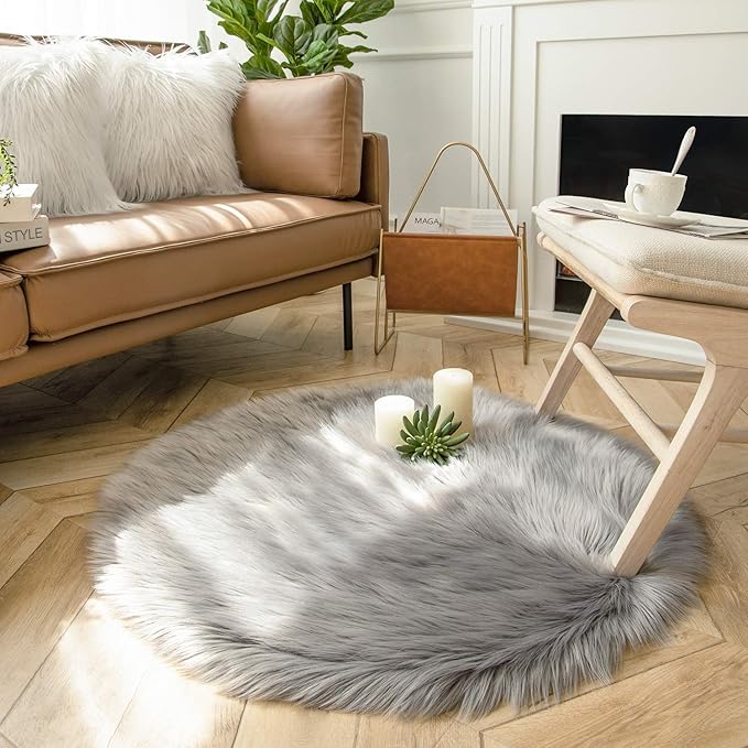 Ashler Faux Fur Rug, Fluffy Shaggy Area Rug Ultra Soft 3 x 3 Feet Round Fur Rug, Grey Fuzzy Rug Machine Washable Shag Rug, Nursery Decor Throw Rugs for Bedroom, Kids Room, Living Room