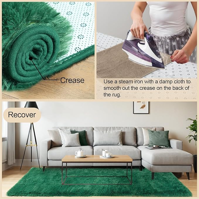 2x3 Rugs for Bedroom, Fluffy Dark Green Area Rugs for Living Room, Soft Shag Kids Rug Small Carpet with 4 Non-Slip Rug Pads (2ft x 3ft, Dark Green)
