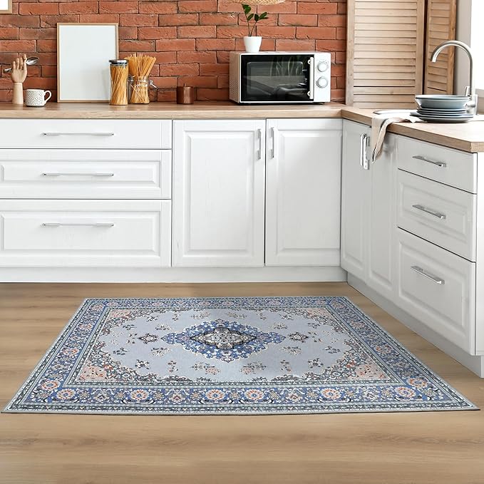 Tepook 2x3 Vintage Washable Rug - Non-Slip Low-Pile Door Mat for Entryway, Kitchen, Bedroom, Bathroom, Foyer - Indoor Throw Rug in Blue/Grey