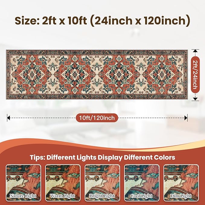 2x10 Machine Washable Non-Slip Rug & Mat - Soft Faux Wool & Polyester, Boho Stain-Resistant Indoor Carpet for Hallways, Kitchen, Entryway,Laundry, Bedroom, Bathroom, Low Pile, High Traffic
