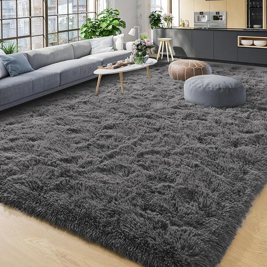 YJ.GWL Area Rugs for Living Room Bedroom, 6x9 Machine Washable Large Dark Grey Carpet, Soft Fluffy Shaggy Thick Big Shag Indoor Floor Rug for Kids Boy and Girls Room Dorm Home Decor Aesthetic