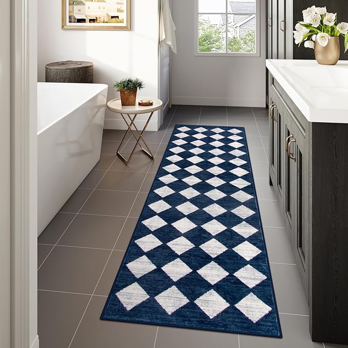 Lahome Checkered 2x8 Hallway Runner Rug,Soft Kitchen Runner Rugs Non Skid Washable,Blue Bathroom Carpet Runners,Moroccan Trellis Low Pile Rug Runners for Entryway Laundry Room Foyer(2'x8',Blue)