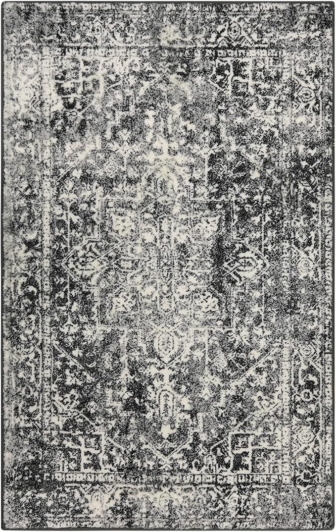 Morebes Vintage 3x5 Rug for Living Room, Washable Black Entryway Rug Non Slip Soft Bedroom Rugs, Medallion Low Pile Soft Indoor Carpet for Bathroom Kitchen Laundry (3'x5',Black/White)