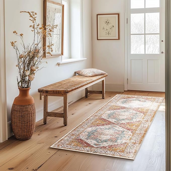 Washable 2x8 Area Rugs, Rugs for Living Room, Low-Pile Water&Stain Resistant Carpet Vintage Distressed Printed Non-Slip Carpet for Bedroom Bathroom Kitchen-Yellow/Brown