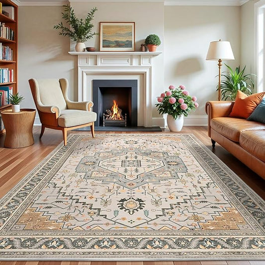 6x9 Grey Beige Area Rug for Living Room, Machine Washable Rugs with Non-Slip Backing for Bedroom, Vintage Medallion Carpet Dining Room Office Kids Room Decor