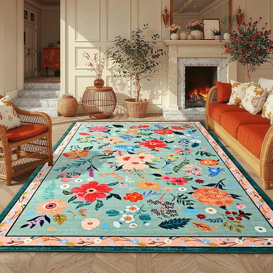 4x6 Floral Rug for Girls Bedroom, Machine Washable Area Rugs with Non Slip Backingfor Living Room, Cute Flowers Carpet Kitchen Dining Room Kids Playroom Decor, Light Green