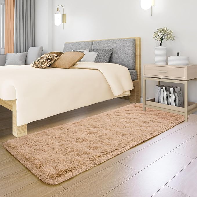 Tepook Soft Runner Rugs for Bedroom 2x6 ft with Rubber Backing, Beige Fluffy Rugs for Living Room, Shag Bedside Rug Fuzzy Plush Carpet for Room, Area Rug for Dorm Nursery Hallway Indoor Home Decor