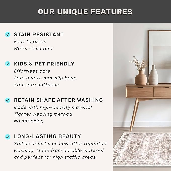 2x4 Boho Runner Rug, Neutral Farmhouse Entryway Rugs, Small Throw Runners for Hallway Bedroom Kitchen, Vintage Floral Design & Non-Slip Low-Pile Washable Stain Resistant Beige Latte