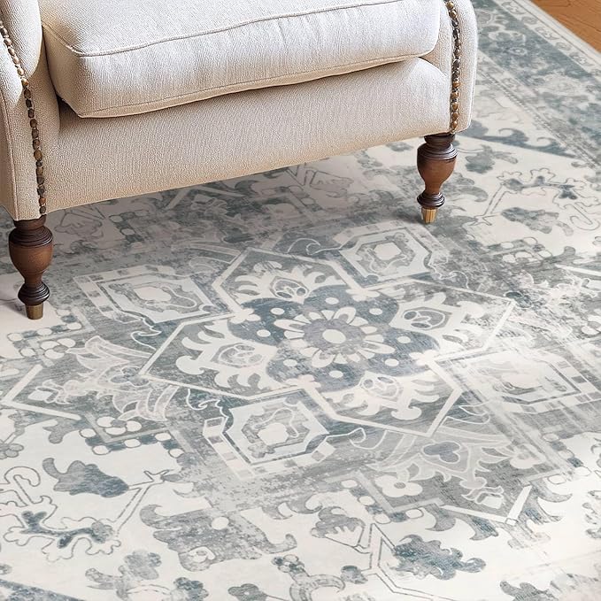 4x6 Washable Area Rug for Living Room, Neutral Vintage Boho Rugs for Office, Dining Room, Kids Room, Farmhouse, Durable Low Pile Non Slip Carpet for High Traffic Areas, Light Blue Grey