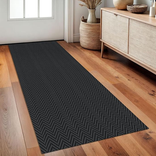 2x5 Ft Runner Rug Washable Runners for Hallways Kitchen Runner Rug with Rubber Backing Cotton Entryway Runner Indoor, Woven Floor Carpet for Hall Kitchen Bedroom, Black/Grey