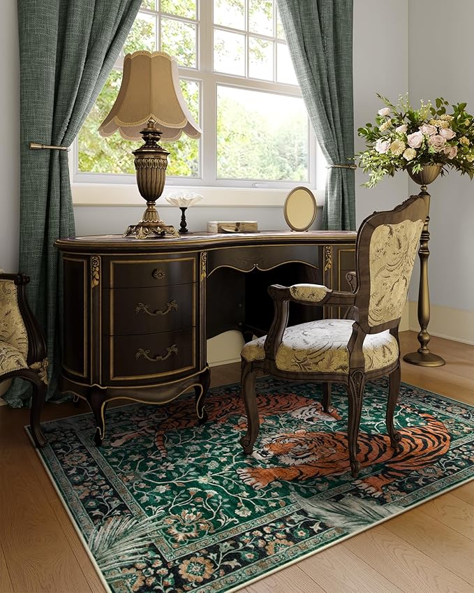 Moynesa Tiger 3x5 Washable Rug, Boho Area Rugs for Entryway, Green Non Slip Small Rug for Bedroom, Ultra Thin Botanical Soft Accent Carpet for Kitchen Entry Laundry Room