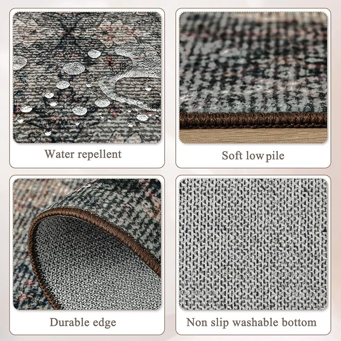 4x6 Area Rug for Bedroom Machine Washable, Non Slip Vintage Floral Kitchen Rugs for Dining Room, Rustic Indoor Floor Carpet for Kids Room, Playroom, Farmhouse, Office Brown/Multi