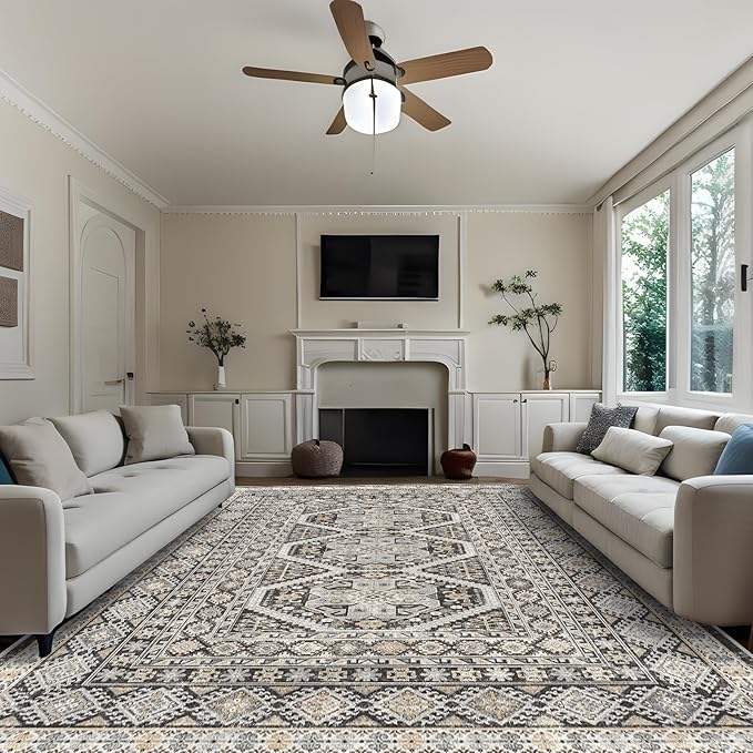 Washable Living Room Area Rug: 9x12 Large Super Soft Vintage Rugs Bedroom Oriental Indoor Rug Water Resistant Ultra Thin Carpet Non-Slip Backing Distressed Rugs for Kitchen 9x12 Black