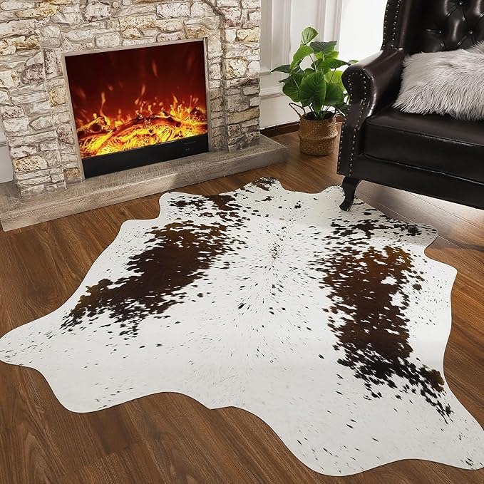 AROGAN Western Decor Faux Fur Cowhide Rug, 5.2 x 6.2 Feet Premium Animal Skin Cow Hide Rug, Sturdy Cow Print Rugs for Wall Decor, Western Floor Carpet for Bedroom Living Room，Speckle Pattern