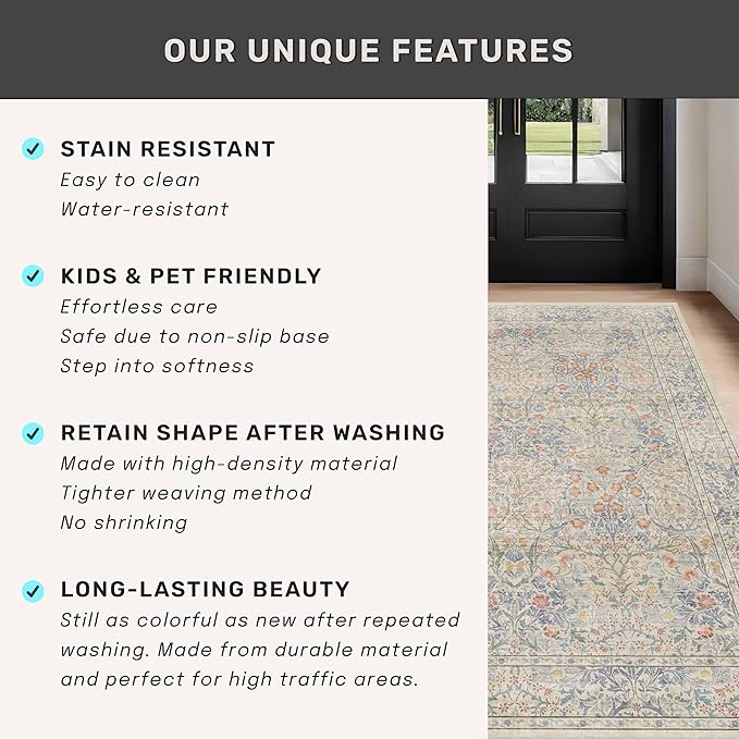 Washable Beige Blue 2x10 Runner Rug for Hallway Kitchen Entryway Laundry Room, Non-Slip Stain Resistant Long Floor Mat, Vintage Floral Aethestic Design (Beige Blue 2x10)