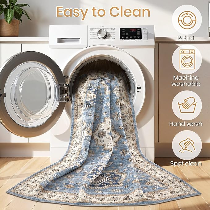 Washable Area Rugs for Living Room - 5x7 Neutral Vintage Distressed Floral Farmhouse Boho Large Soft Floor Rug Indoor Non Slip Carpet for Living Room Bedroom Dining Room Office - Blue