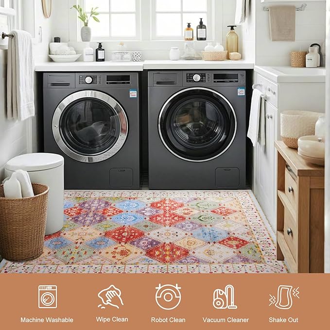 2x3 Small Washable Area Rug for Entryway, Boho Non-Slip Indoor Kitchen Rugs, Moroccan Floral Trellis Carpet Soft Low Pile Vintage Throw Mat for Bedroom Bathroom Front Door, Cream
