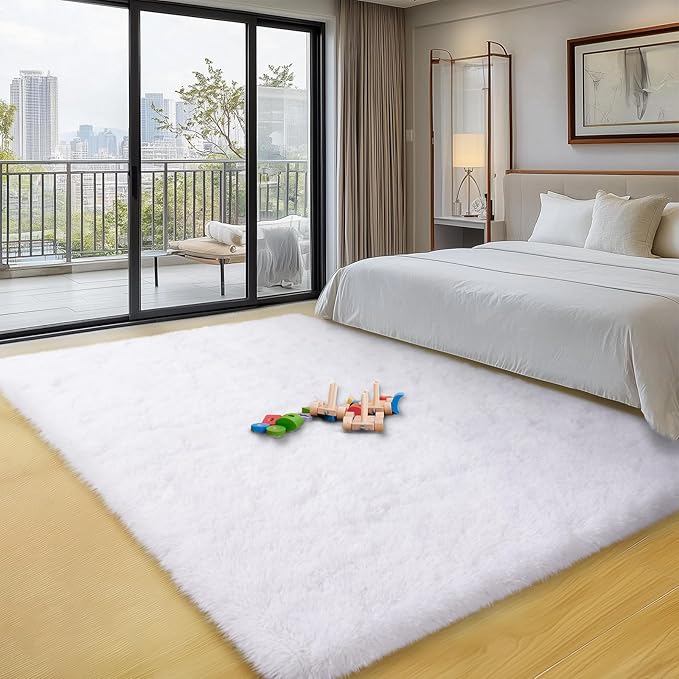 White Area Rugs for Bedroom, 4x6 Fluffy Soft Shag Rugs for Living Room, Small Fuzzy Plush Shaggy Carpets for Boys and Girls Dorm Room Home Decor (4ft x 6ft, White)