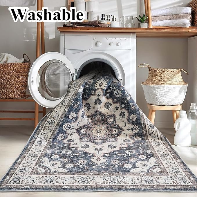 2x5 Washable Entryway Runner Rug: Vintage Low Pile Rugs for Kitchen Bedroom Oriental Stain Resistant Hallway Bathroom Carpet Accent Floor Mat with Non-Slip Backing for Laundry Home Office (2x5,Blue)