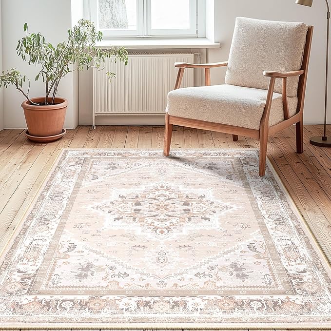BESTSWEETIE 3x5 Area Rugs for Living Room Washable Non Slip Carpet Low Pile Soft Vintage Print Pattern Rug for Bedroom Dining Room Kitchen Entryway Indoor-Light Pink