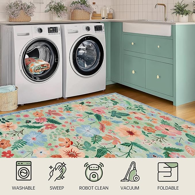 Washable Runner Rug 2x6 for Entryway Non Slip Stain Resistant Green Carpet Runners for Hallways 6ft Low Pile Faux Fur Vintage Floral Pattern Boho Spring Kitchen Rugs for Laundry Front Porch Bedroom