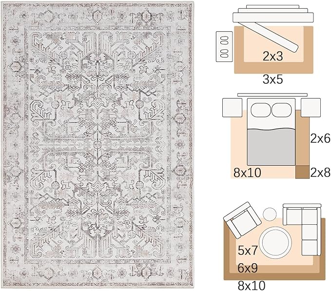 jinchan Runner Rug 2x5 - Vintage Hallway Machine Washable Rug Floral Non Slip with Rubber Backing Ultra-Thin Carpet Runner for Kitchen Bedroom Laundry Room Farmhouse Entryway (2x5ft,Taupe)