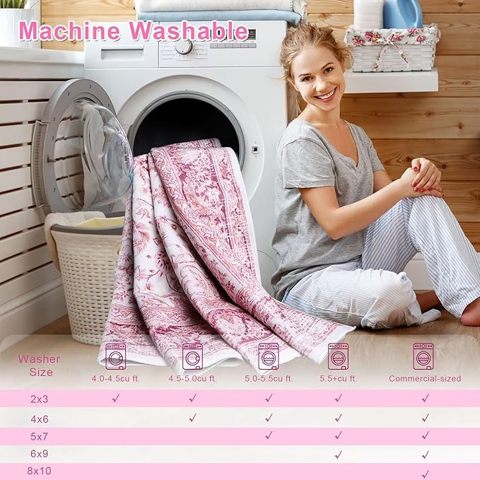 2x3 Bright Pink Area Rug for Entryway, Small Washable Rugs with Non-Slip Backing for Girls Bedroom, Cute Vintage Throw Carpet Kitchen Laundry Front Door Decor