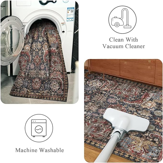 Washable Area Rugs - Perfect for Living Room, Bedroom, Kids Room, Nursery - Stain & Water Resistant Non-Slip, Pet & Child Friendly, Vintage Tribal Area Rugs (Rust, 6' x 9')
