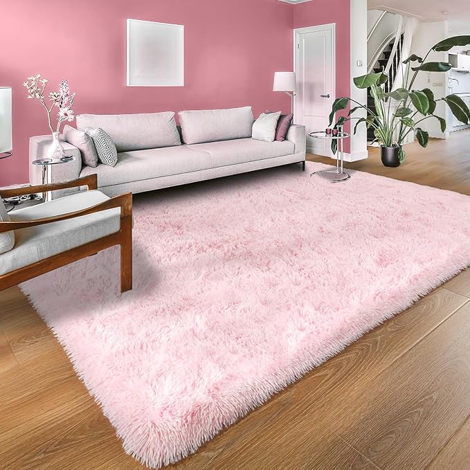 YJ.GWL Area Rugs for Living Room Bedroom, 8x10 Machine Washable Large Pink Carpet, Soft Fluffy Shaggy Thick Big Shag Indoor Floor Rug for Kids Boy and Girls Room Dorm Home Decor Aesthetic