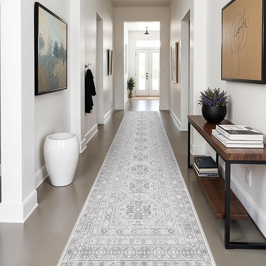 3x14 Runner Rug Kitchen Washable: Oriental Indoor Hallway Runners with Non Slip Backing Floor Mat for Entryway Door Low Pile Thin Carpet for Bedroom Bathroom Living Room Bedside Grey