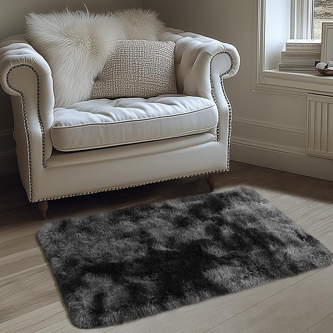 Zentavio Bedside Rugs Small 2x3 Shag Entry Entrance Rugs Soft Bedroom Carpet Area Rugs for Dorm College Essentials Non-Slip Living Room Throw Rug Home Decor Aesthetic Nursery Tie-Dyed Black Grey