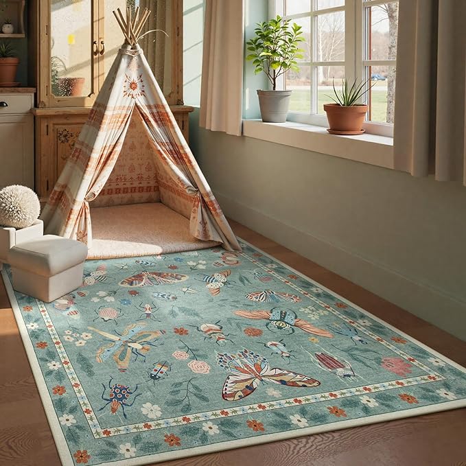 Beeiva Insect Print Rug 5x7, Washable Large Area Rugs for Living Room Non Slip, Boho Soft Low Pile Ultra Thin Soft Carpet for Office, Bedroom, Kids Room, Playroom - Light Green