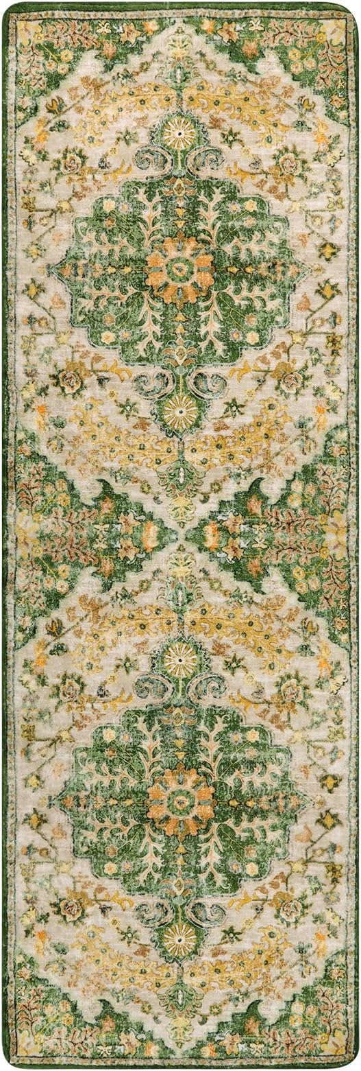 Lahome Bohemian 2x6 Washable Hallway Runner Rug, Kitchen Runner Rugs Non Skid Washable, Floral Medallion Soft Bathroom Carpet Runners for Laundry Room Bedroom Foyer Entryway, Yellow/Green/Multi