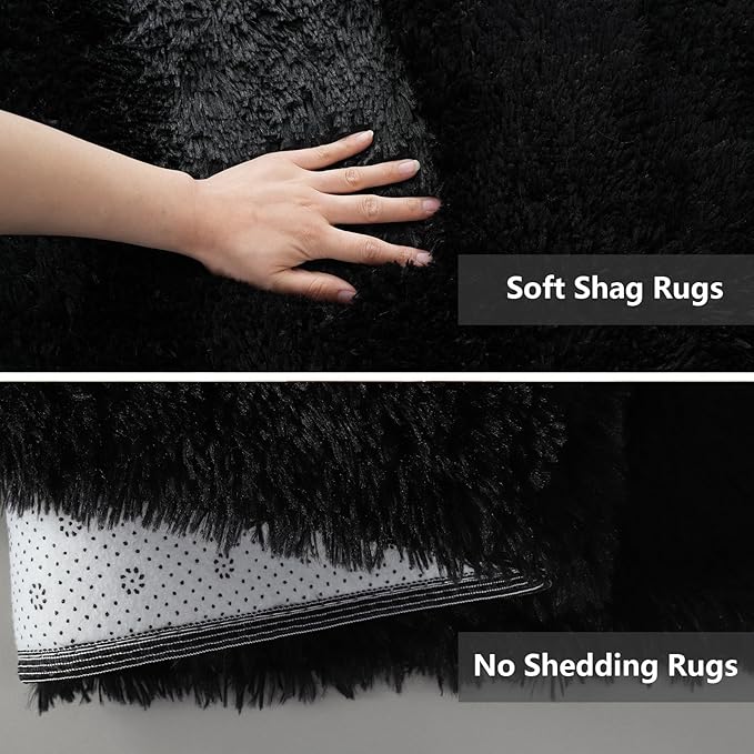 9X12 Large Shag Area Rugs for Living Room Bedroom,Big Soft Fluffy Rug for Bedroom Dorm, Indoor Carpet Nursery Rugs for Kids Girls Room Home Decor (Black, 9X12 Feet)