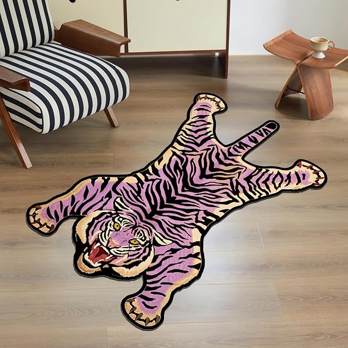 Tiger Printed Skin Area Rugs, Non- Slip Rug for Bathroom, Tiger Door Mat, Machine Washable Carpet for Bed Room D03