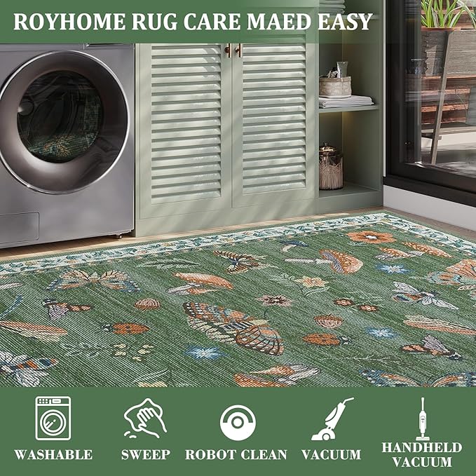 2.5x8 Runner Rug for Hallway Washable Kitchen Rugs Non Slip with Rubber Back Mushroom Soft Low-Pile Stain Resistant Foldable Indoor Carpet for Entryway Laundry Room Floor Mats Green