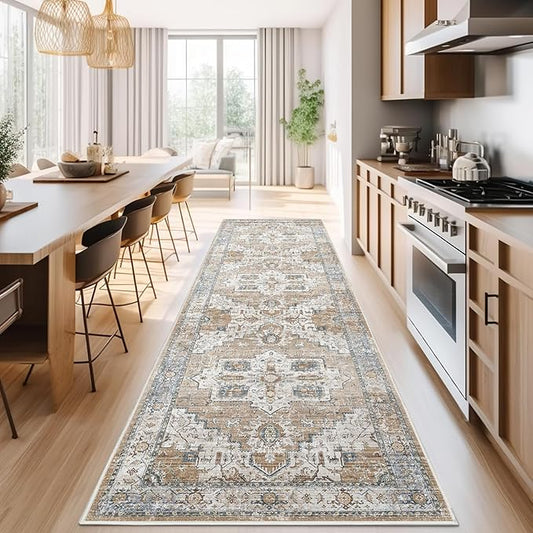 jinchan Runner Rug 3x8 for Hallway - Kitchen Machine Washable Vintage Floral Non-Slip with Rubber Backing Ultra-Thin Low-Pile Carpet Runner for Entryway Bedroom Laundry Room (3x8ft,Orange)