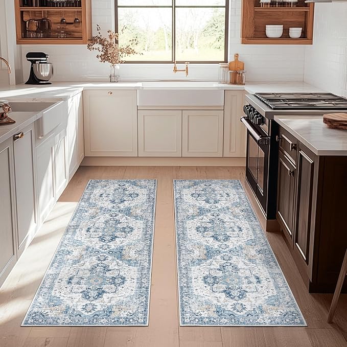 jinchan Runner Rug 2x5-2pcs Hallway Rug Kitchen Washable Runner Vintage Mat Retro Print Lightweight Non-Slip Floor Cover Distressed Thin Carpet for Entryway Bathroom Bedroom Laundry Room Blue